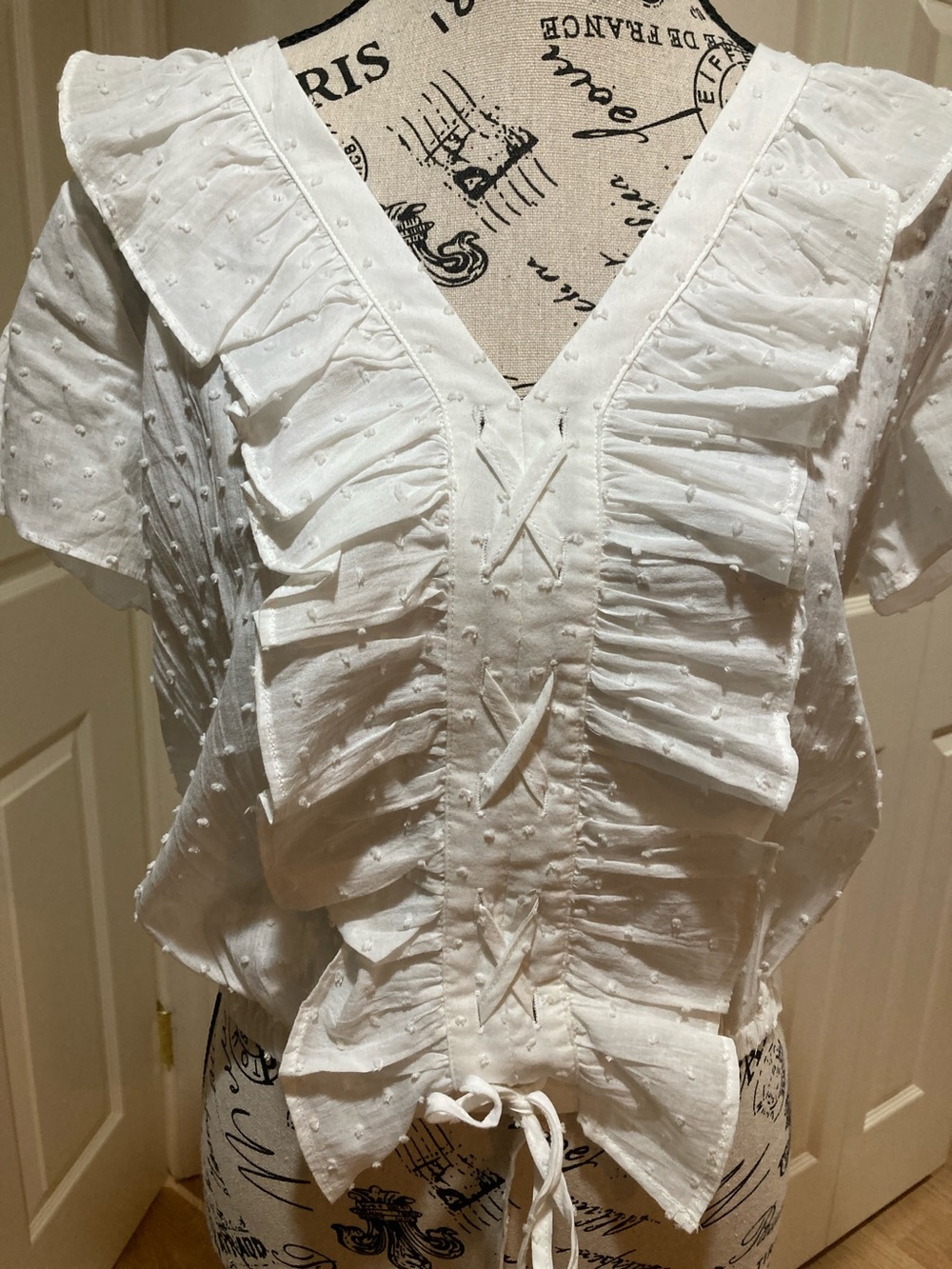 Eri + Ali White Cotton Ruffle V-Neck Swiss Dot Blouse with Drawstring Hem